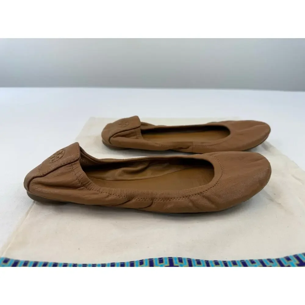 Tory Burch Eddie Leather Ballet Flats Camel Tan Size 8 Logo Foldable Flats